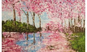 palette knife painting tree pink blossom
