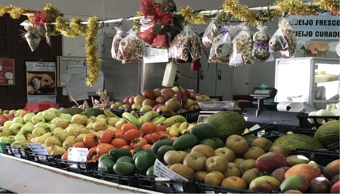 Visiting a local Portuguese market during an Algarve cooking holiday, browsing fresh seasonal fruit and produce.