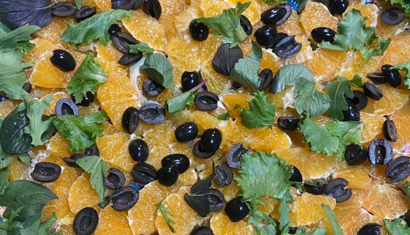 Mediterranean orange and black olive salad served during a vegetarian cooking holiday at Figs on the Funcho, Algarve.